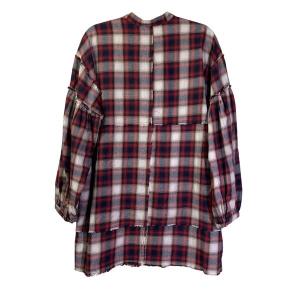 EASEL Shirt Dress Medium Plaid Flannel Drop Shoulder Balloon Sleeve‎ Raw Hem - Picture 2 of 13
